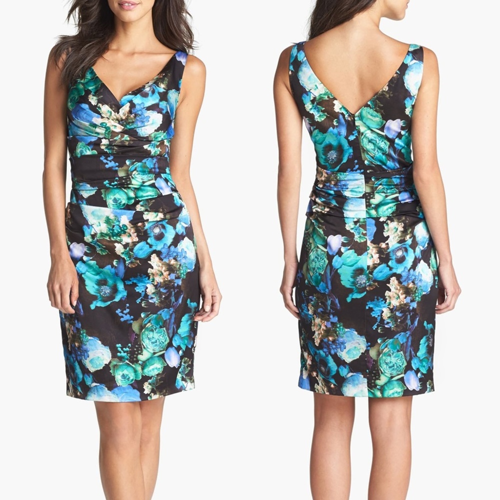 🍍IVY & BLU Ruched Stretch Satin Floral Dress